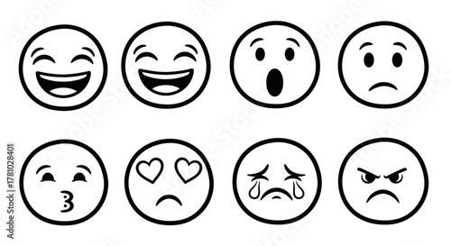 Simple Emotion Faces Icon Set | Black Line Emoji Expressions