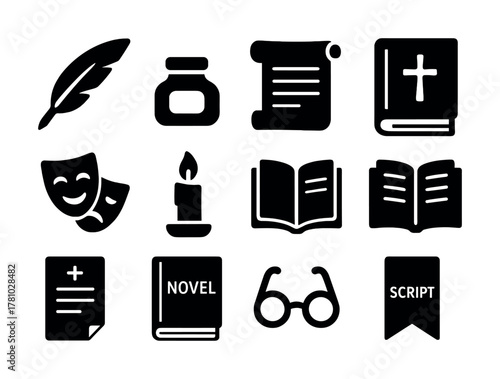 Collection of writing and literature icons including feather, ink, scroll, and books