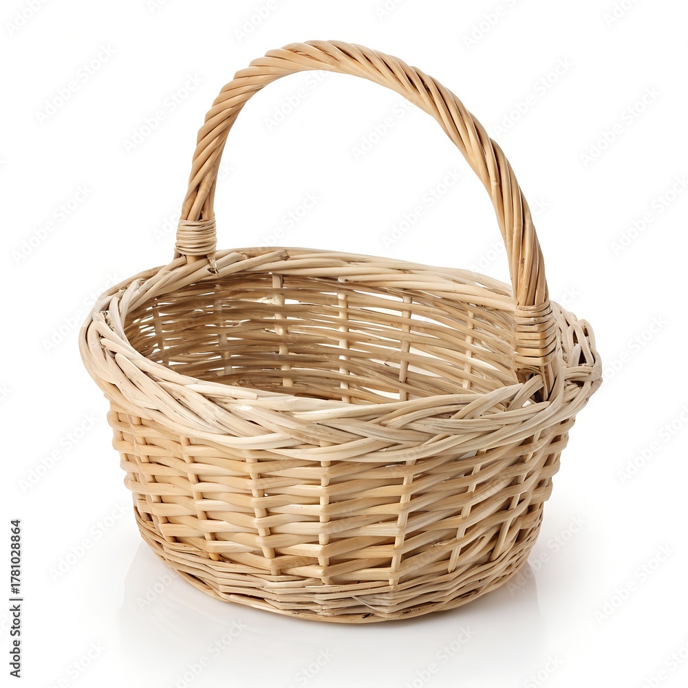 Obraz premium Wicker basket with handle isolated on white background for storage or display