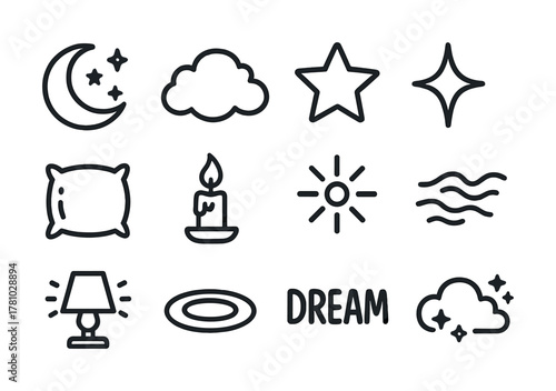 Sleep icons set: moon, cloud, star, pillow, candle, dream symbols