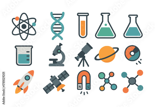 Science icons collection with dna, microscope, telescope, rocket, magnet, and molecules