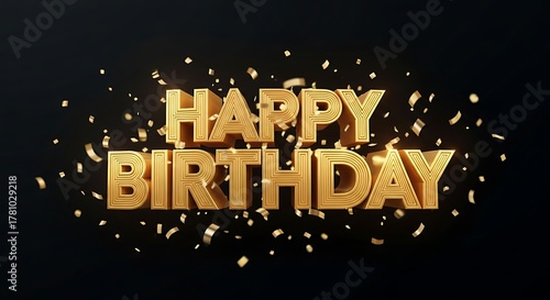 Golden 3d text happy birthday with confetti on a dark background
