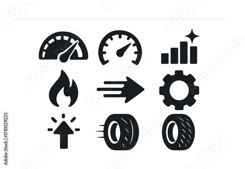 Set of nine black speed and performance icons including speedometer, flames, and tires
