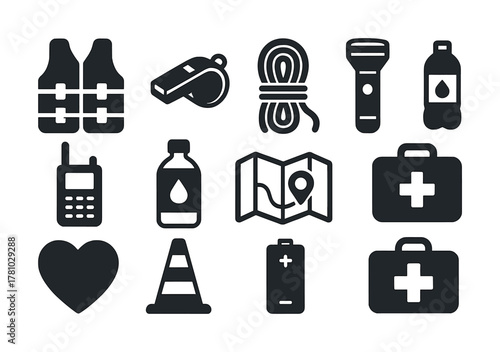 Camping and safety gear icons: maps, first aid, flashlight, life vest, whistle