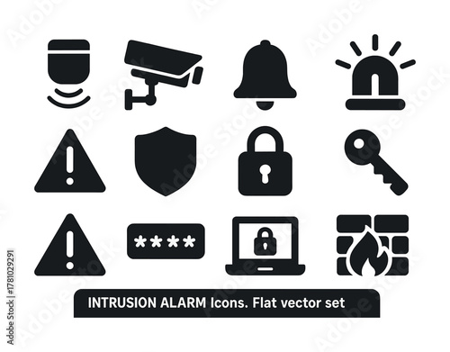 Intrusion alarm icons: security camera, lock, shield, warning symbols, flat vector set