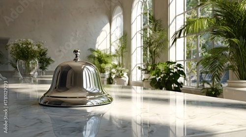 Polished chrome service bell resting on a white marble reception desk, reflecting sunlight from large windows and surrounding green plants in an elegant hotel lobby