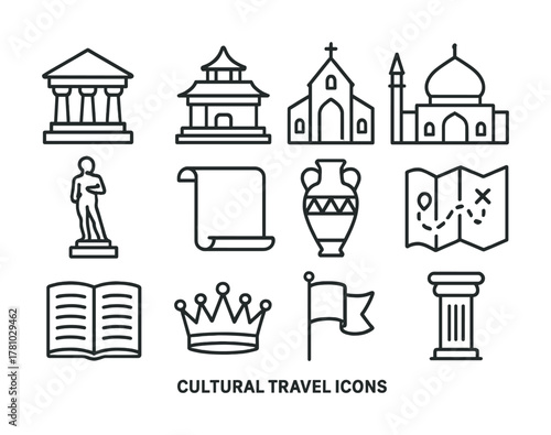 Cultural travel icons: landmarks, monuments, architecture, artefacts, maps