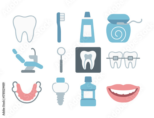 Dental care icons: toothpaste, brush, chair, floss, dentures, implant, mouthwash, braces