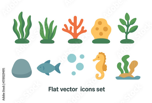 Aquatic elements icon set with sea creatures and plants