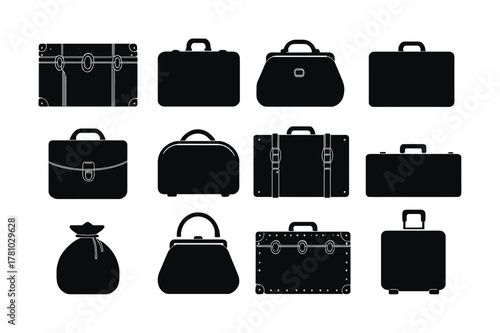 Silhouette collection of various luggage and bags on white background