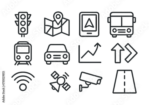 Transportation and navigation icons featuring vehicles and directional symbols