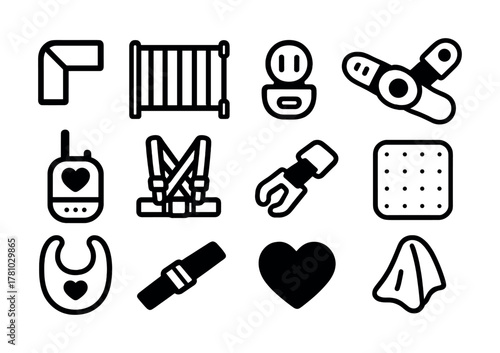 Baby essentials icons set featuring bib, heart, safety items, and nursery gadgets