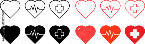 Collection of heart icons representing health and medicine