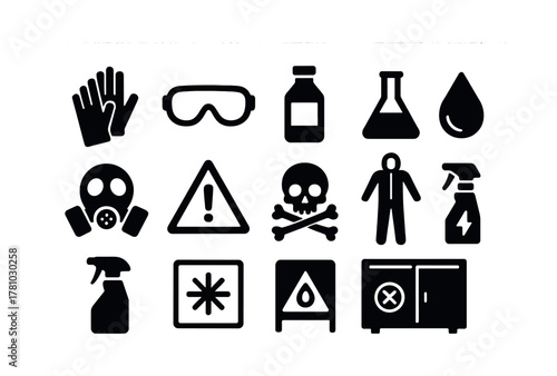 Safety symbols: chemical, biohazard, protective gear, manual icons collection
