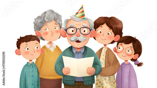 Family celebrating a birthday, isolated on transparent background