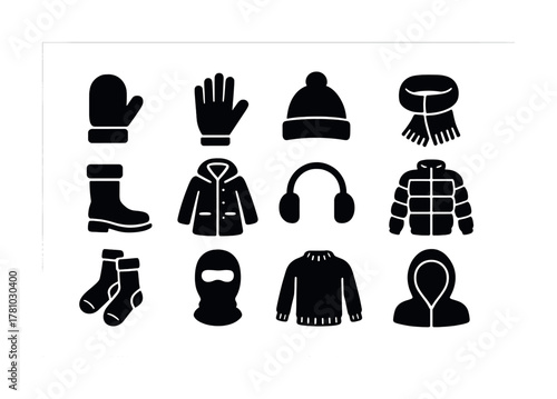 Black winter clothing icons set: mittens, gloves, hat, scarf, boots, coat, earmuffs, jacket, socks, balaclava, sweater, hoodie