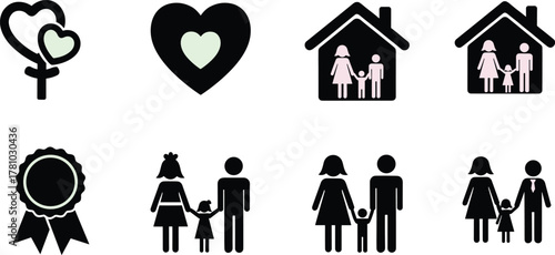 Family icons, love and care, parenting symbols, heart shapes, home figures, recognition badge, unity, support, flat vector illustration