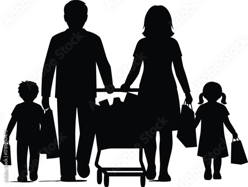Family shopping, parents and children, grocery cart, holding bags, silhouette figures, outing moment, unity, care, motion, flat vector illustration