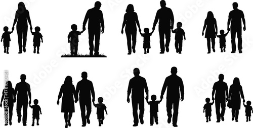 Family silhouettes, parents and children, walking together, holding hands, group unity, love, support, bonding moment, flat vector illustration