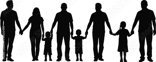 Family unity, people silhouette, holding hands, adults and children, community bond, support, love, togetherness, group harmony, flat vector illustration