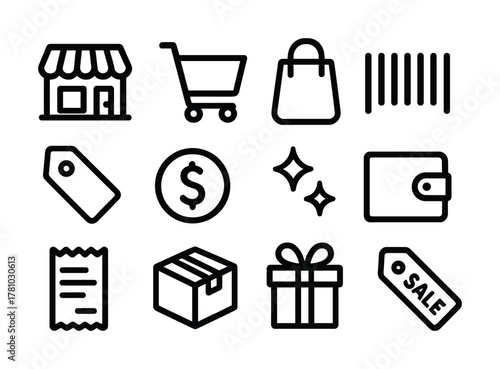 Shopping icons: storefront, cart, bag, barcode, tag, dollar, wallet, receipt, box, gift, sale