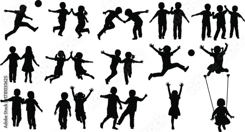 Children playing, kids silhouette, outdoor activity, joyful movement, childhood fun, running, jumping, swinging, dancing, teamwork, energetic pose, flat vector illustration