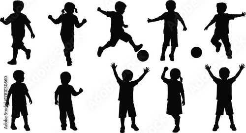 Children playing, soccer activity, kids silhouette, dynamic poses, joyful movement, sports fun, outdoor energy, childhood motion, flat vector illustration