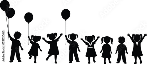Children with balloons, kids silhouette, festive moment, joyful gathering, standing together, celebration scene, unity, happiness, flat vector illustration