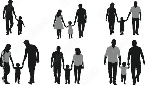 Family group, parents and children, walking together, silhouette figures, bonding moment, unity, love, support, outdoor scene, flat vector illustration