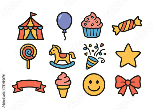 Colorful carnival icons: tent, balloon, cupcake, candy, lollipop, rocking horse, confetti, star