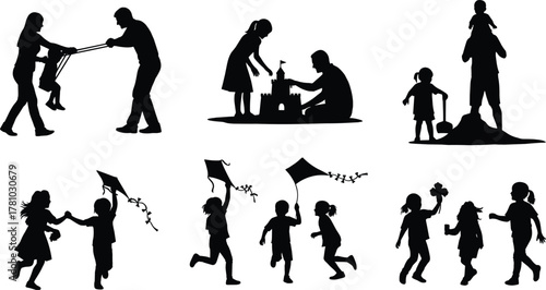 Family fun, outdoor play, children silhouette, bonding moments, joyful activity, kite flying, sandcastle building, running kids, flat vector illustration