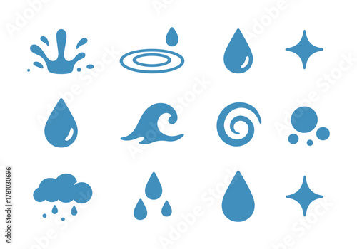 Blue water icons collection: drops, waves, and sparkles design set