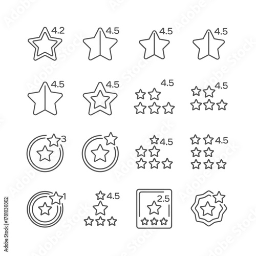 Collection of Outline Star Rating Icons with Numerical Values.