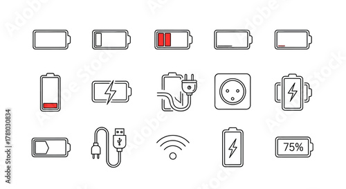 Collection of outlined battery and charging icons, depicting power levels, charging status, USB cable, and Wi-Fi signal.