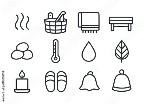 Sauna icons set featuring steam, bucket, towel, bench, stones, thermometer, water drop, leaf, candle, slippers, bell, hat