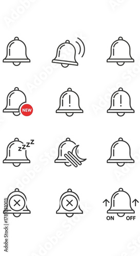 Collection of Various Bell Icons Depicting Notifications, Alerts, and Settings.