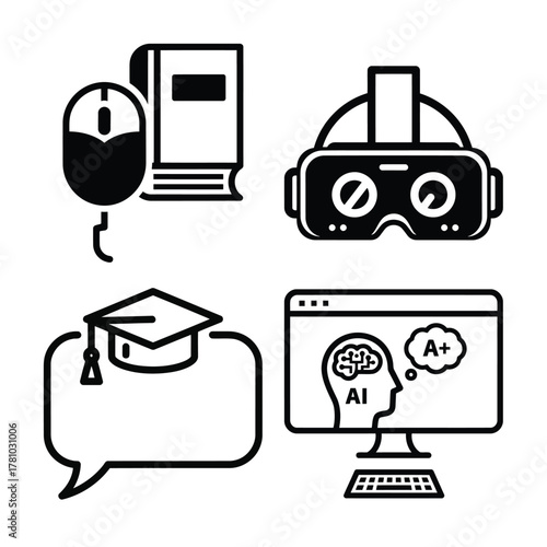 Artificial intelligence education icons isolated on white background concept of online ai courses, brain training, and digital learning