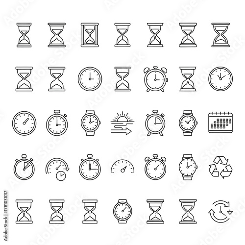 Collection of Various Black and White Time Icons and Symbols for Design.