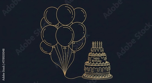 Golden outline of a tiered birthday cake with lit candles and a bunch of balloons on a dark background
