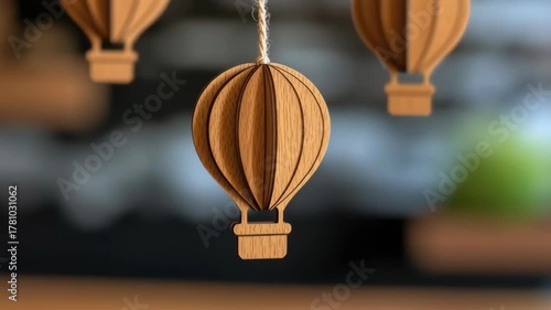 Whimsical Wooden Hot Air Balloons Hanging Gracefully Against Blurred Background Creating Serene Atmosphere