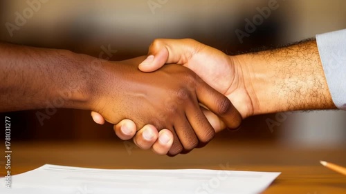 Diverse Hands Shaking Over Document Symbolizing Business Agreement, Partnership, and Cooperation Through Handshake