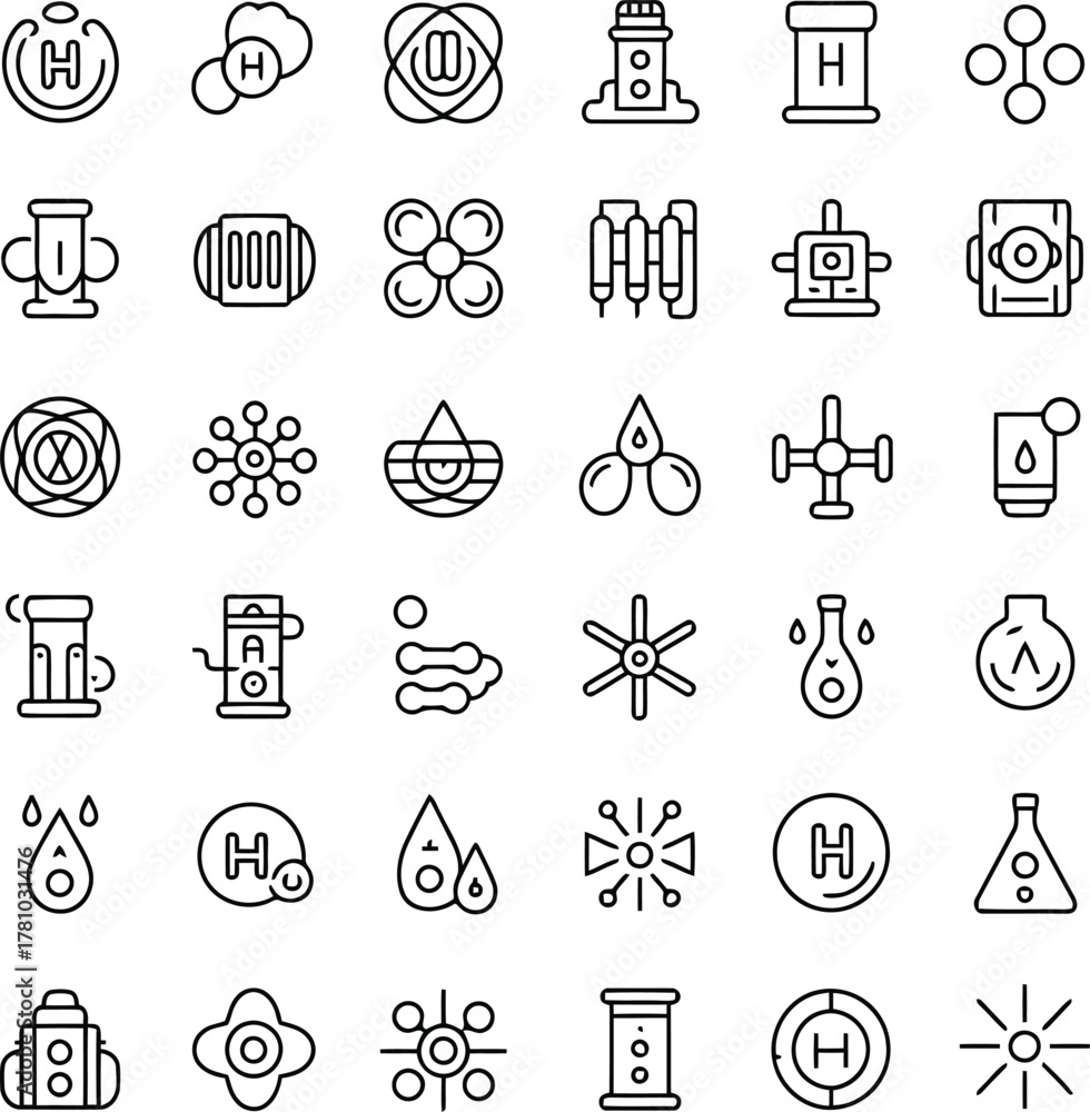 Fototapeta premium Icons of Hydrogen Energy and Scientific Elements Keywords: hydrogen, H2, molecule, atom, science, chemistry, energy, fuel, water, drop, liquid