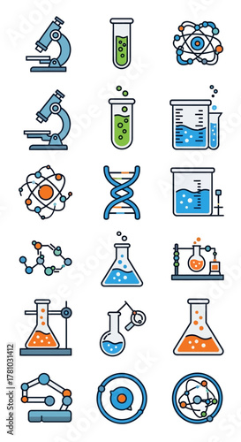 Wallpaper Mural Colorful Science and Chemistry Icon Set Featuring Lab Equipment and Molecular Structures. Torontodigital.ca