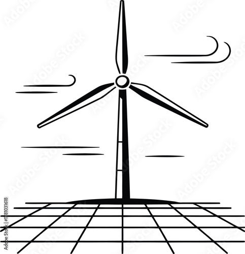 Wind Turbine on Grid Pattern with Stylized Wind Keywords: wind turbine, wind power, renewable energy, clean energy, electricity, generator