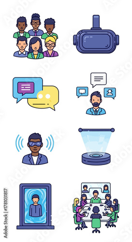 Diverse Group of People and Virtual Reality Technology Icons.