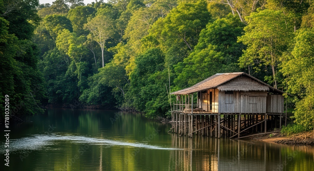 Obraz premium Rustic wooden cabin on stilts beside a tranquil river in lush green forest