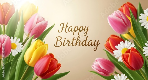 Happy birthday greeting with colorful tulips and daisies on a soft golden background