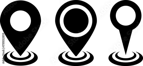 Three black location pointers with concentric circles below