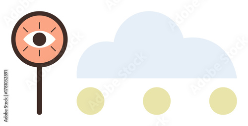 Eye inside lollipop-shaped frame next to cloud and three dots. Ideal for privacy, analysis, cloud computing, protection, surveillance, minimalism, innovation. Clean design simple flat metaphor