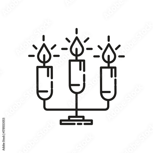 A black and white line drawing of a candelabra with three candles each with a flame and radiating lines